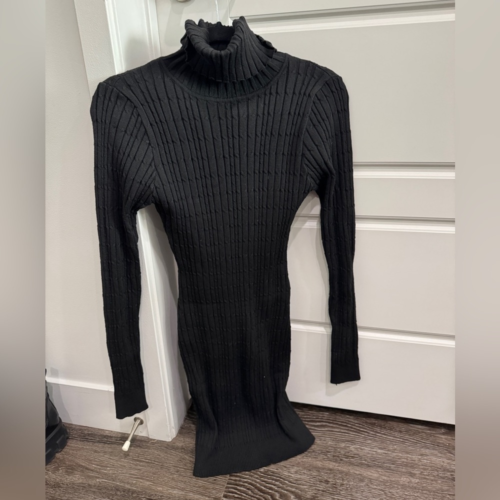 Black Ribbed Turtleneck Sweater Dress